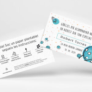 Tarjeta de agradecimiento para comunión Planeta ¡en papel plantable!