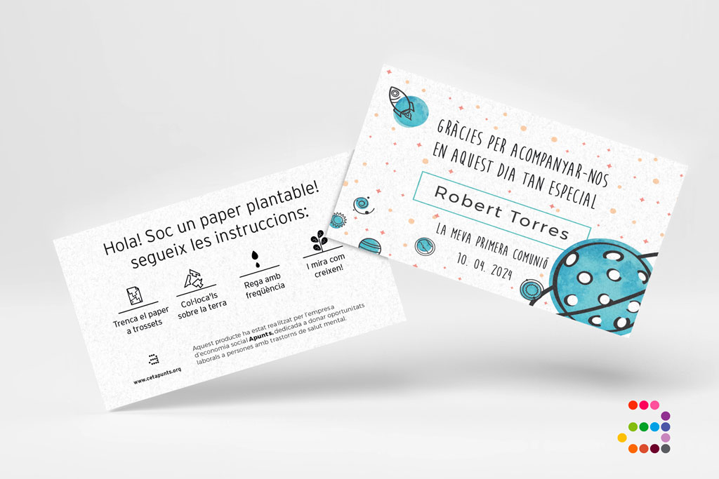 Tarjeta de agradecimiento para comunión Planeta ¡en papel plantable!